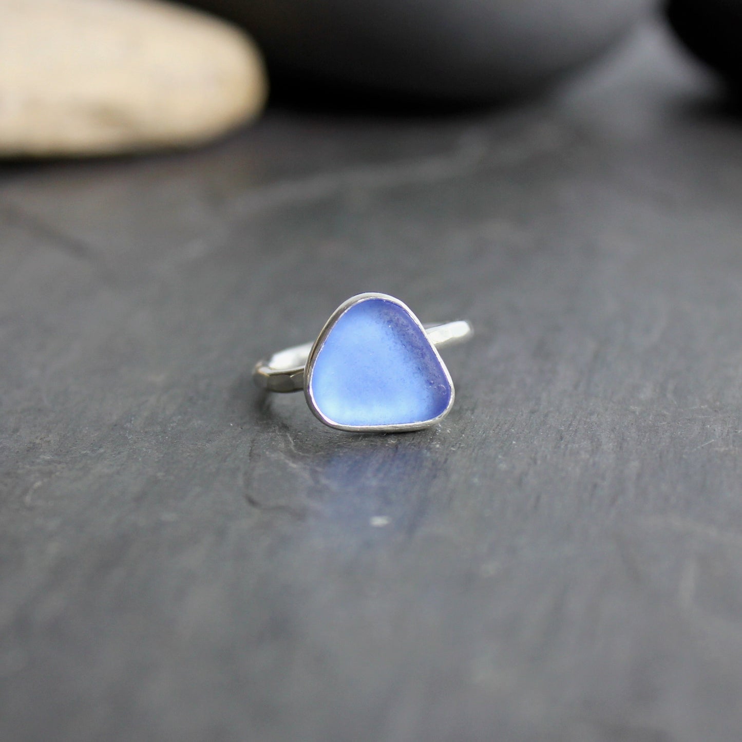 Dainty Cornflower Blue Sea Glass Ring | Handmade | Sterling Silver | Size 6
