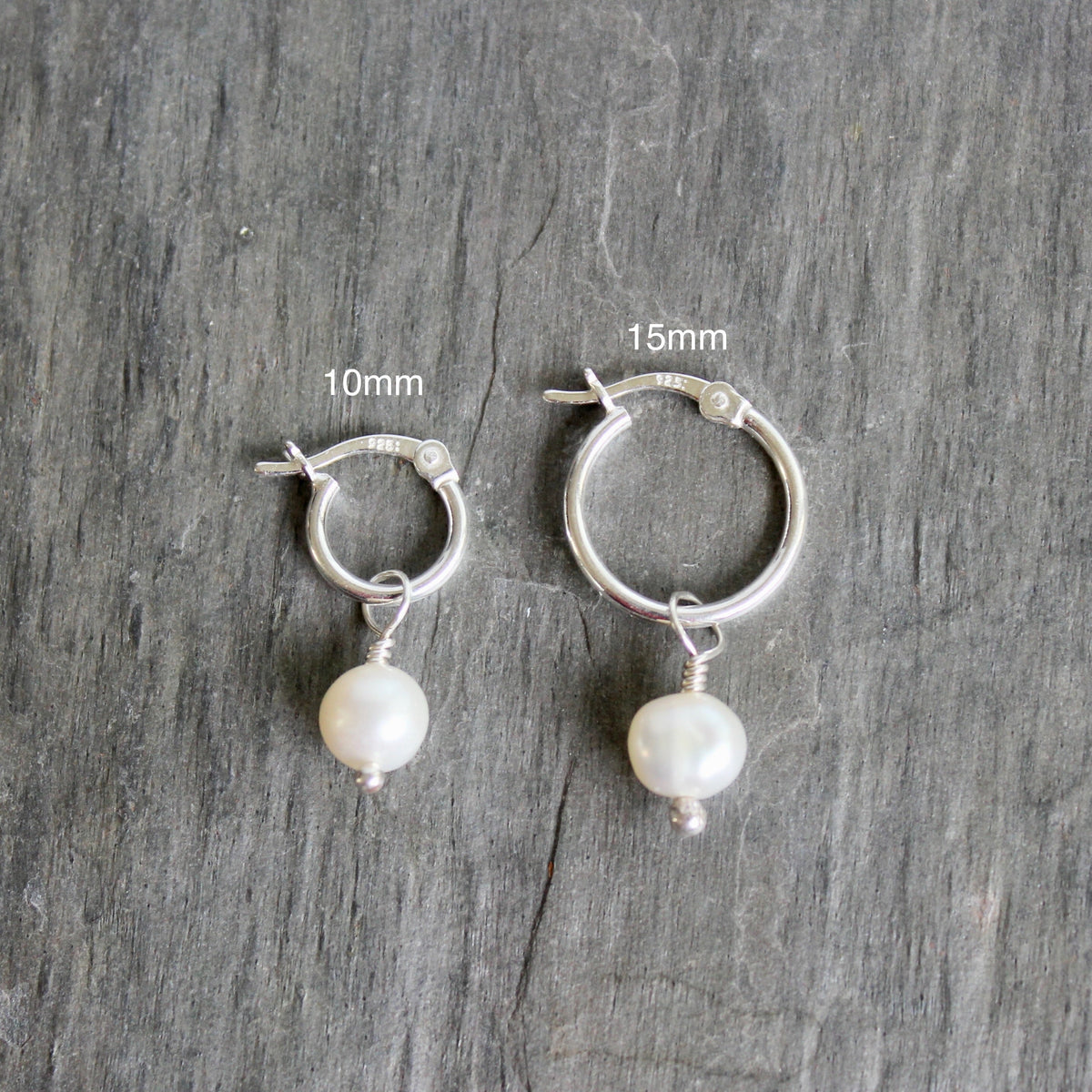 Sterling Silver Hoop Earrings with Freshwater Pearl Drop 15mm | Handmade | Sterling Silver