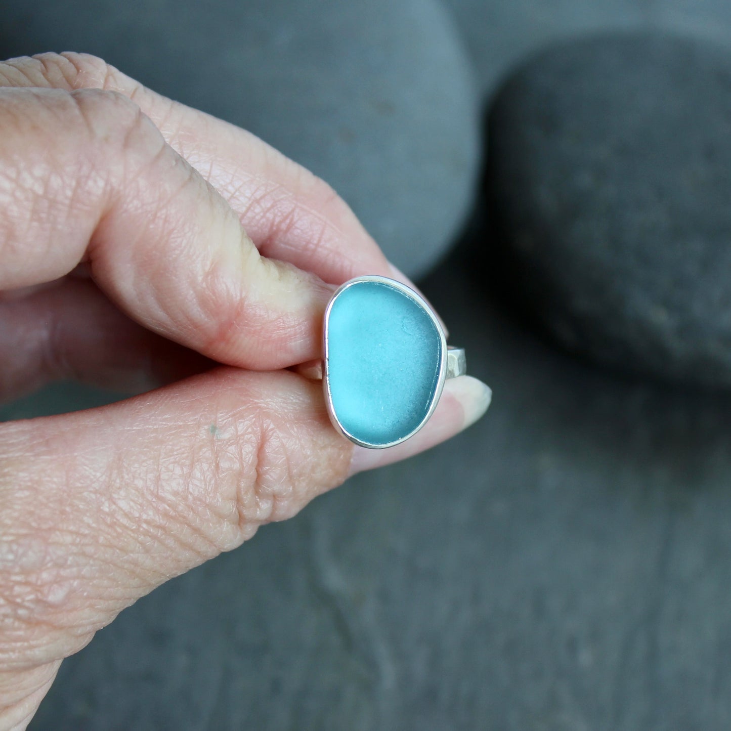 Aqua Turquoise Blue Sea Glass Ring | Handmade | Sterling Silver | Size 8 1/2