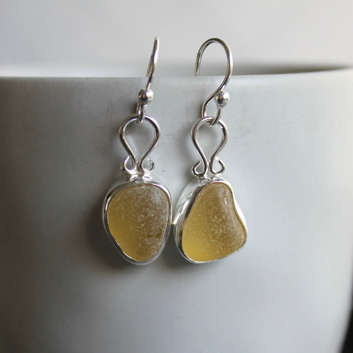 Rare Yellow Dangly Sea Glass Earrings | Handmade | Sterling Silver