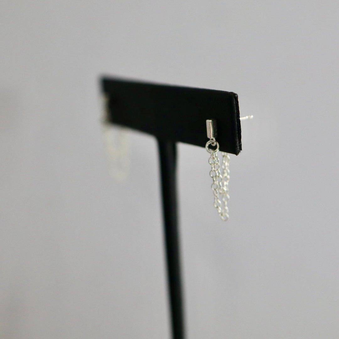 Bar Stud with Double Chain Drop in Sterling Silver