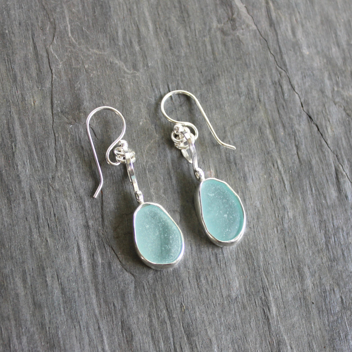 Pale Blue Dangly Sea Glass Earrings | Handmade | Sterling Silver