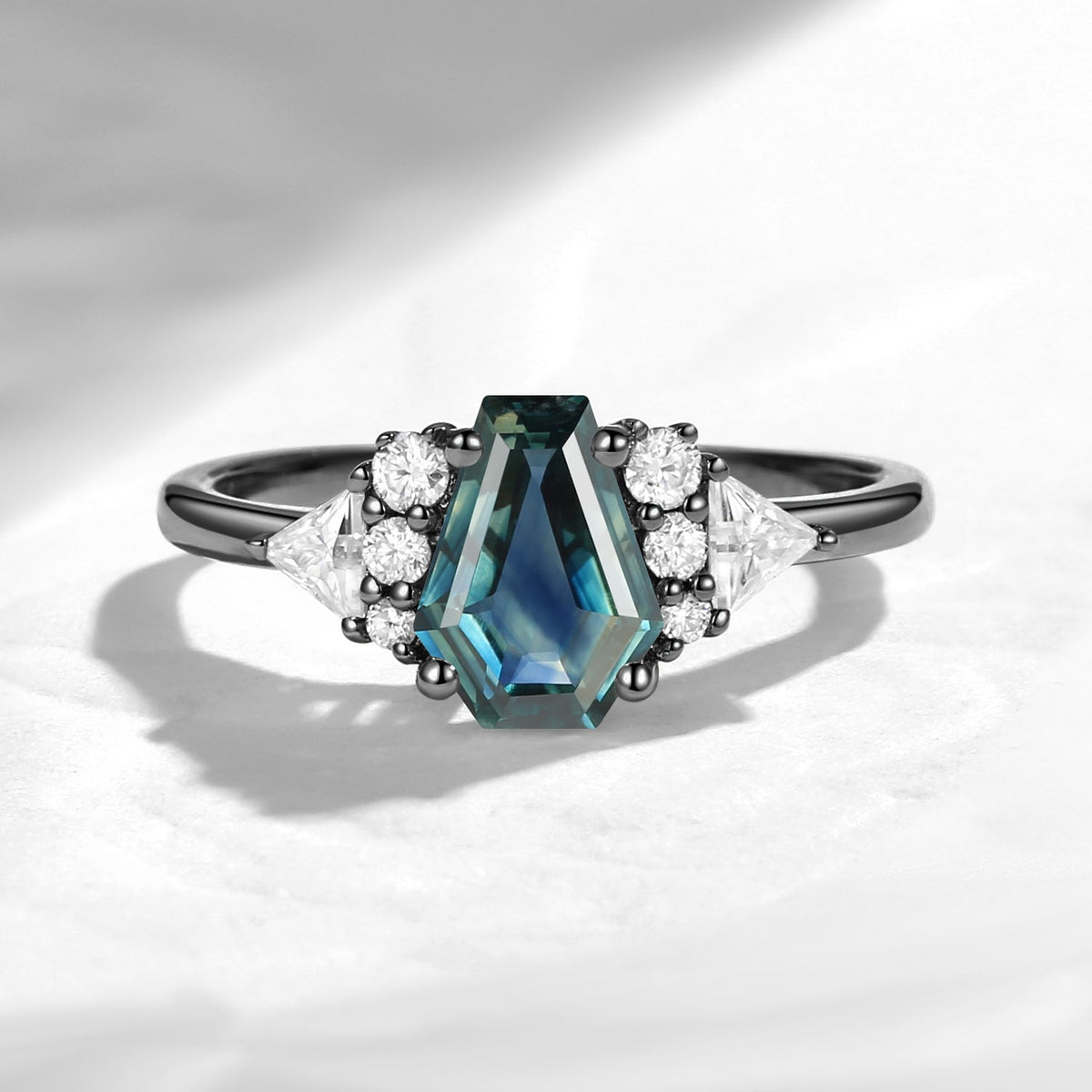 Classic Coffin Shaped Natural Teal Sapphire Engagement Ring with Diamond Accents