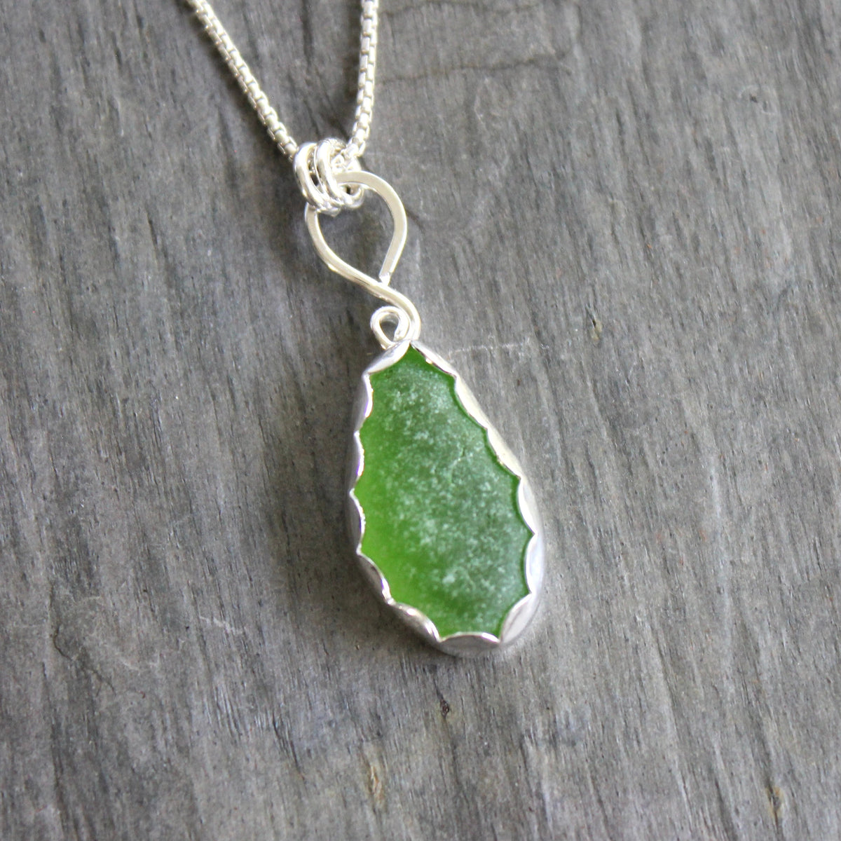 Bright Green Sea Glass Necklace | Sterling Silver | Handmade