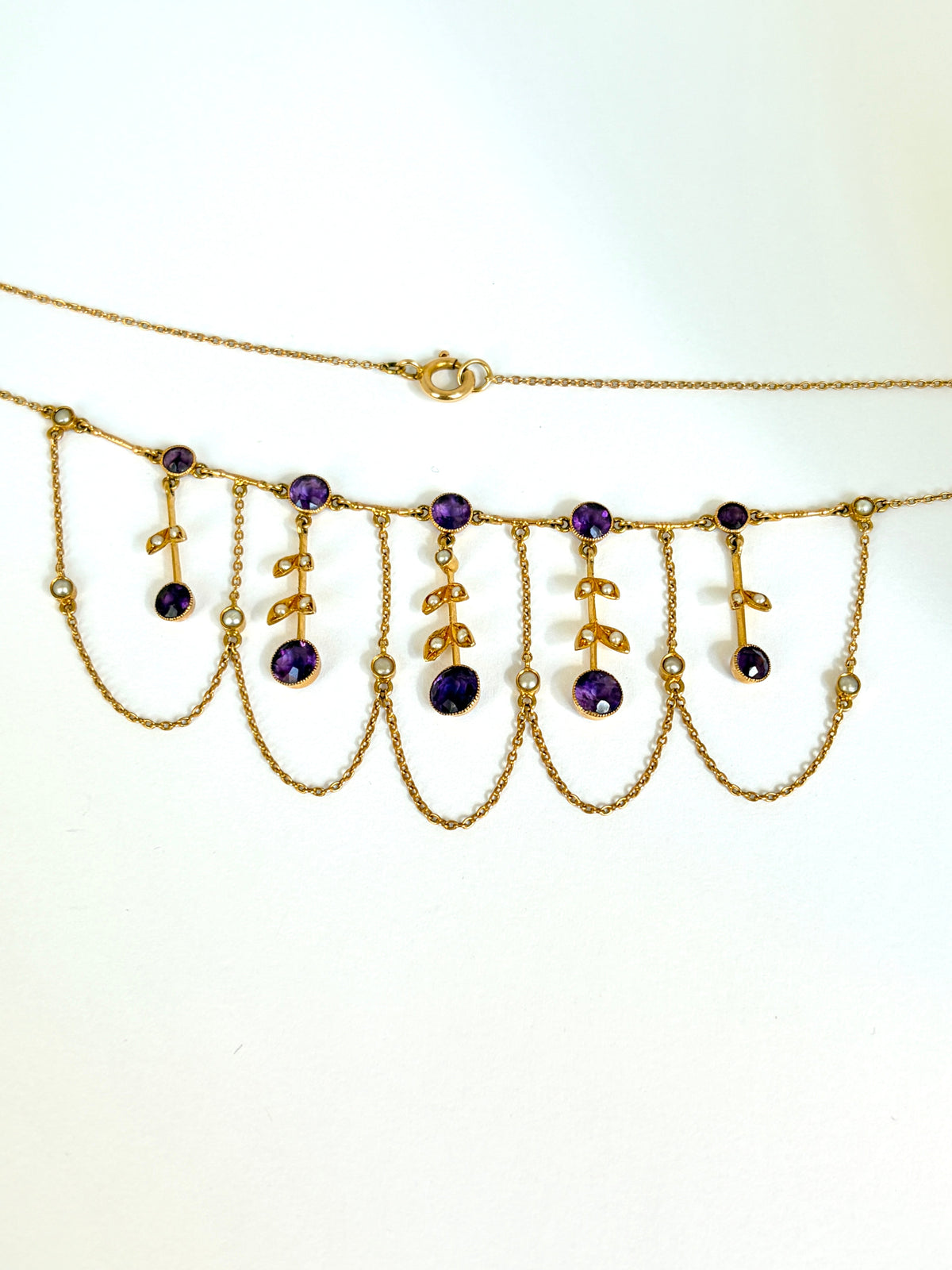 Stunning, Art Nouveau, 15ct Gold, Double Layer Amethyst and Pearl Fringe Necklace