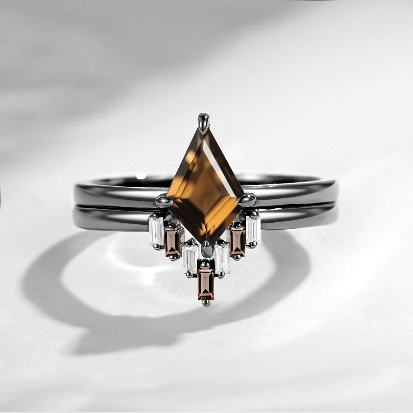 Classic Style Kite Cut Smokey Quartz Engagement Ring 2pcs