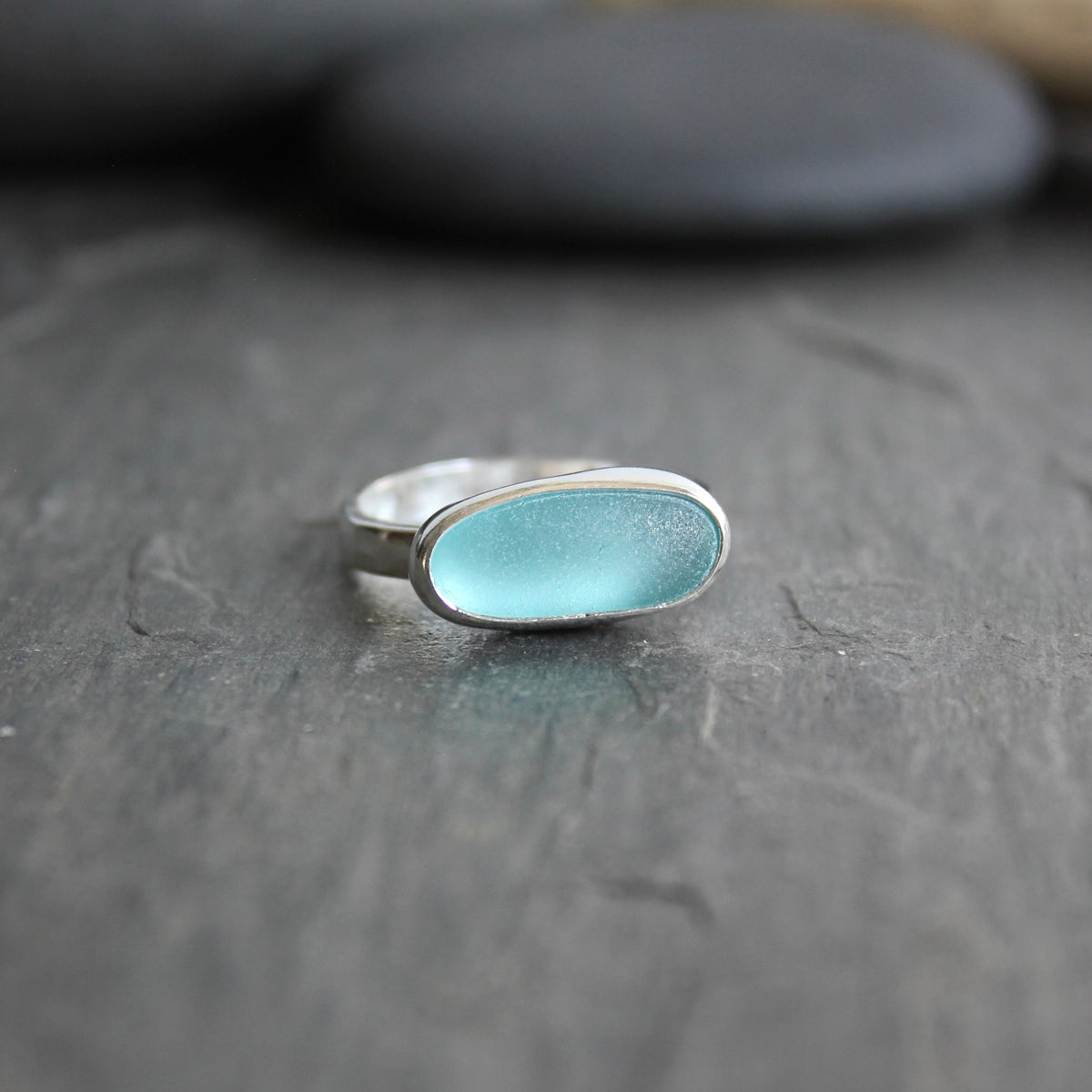 Large Size Aqua Blue Sea Glass Ring | Handmade | Sterling Silver | Size 11 1/2