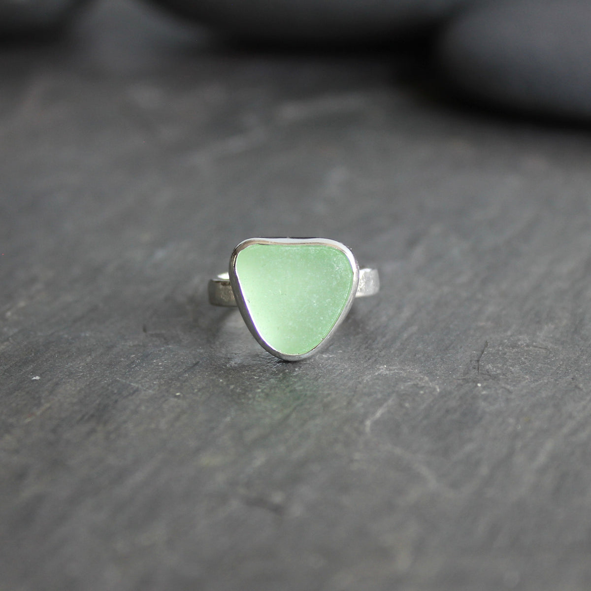 Light Green UV Uranium Sea Glass Ring | Handmade | Sterling Silver | Size 6 3/4
