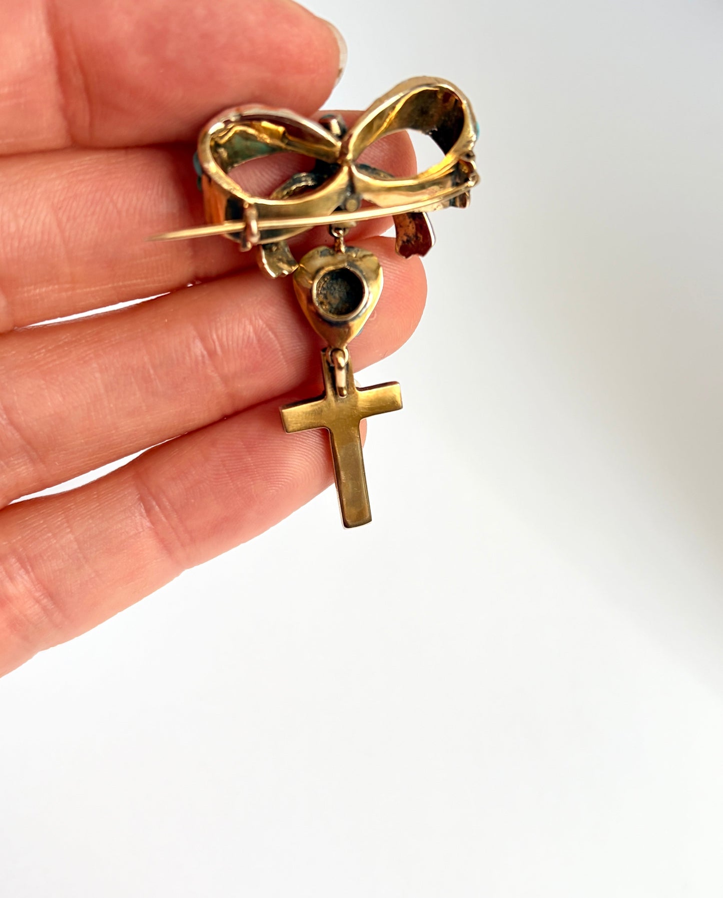Incredible, Antique, Mid-Victorian, 15ct Gold Turquoise Bow, Heart and Cross Brooch/Pin