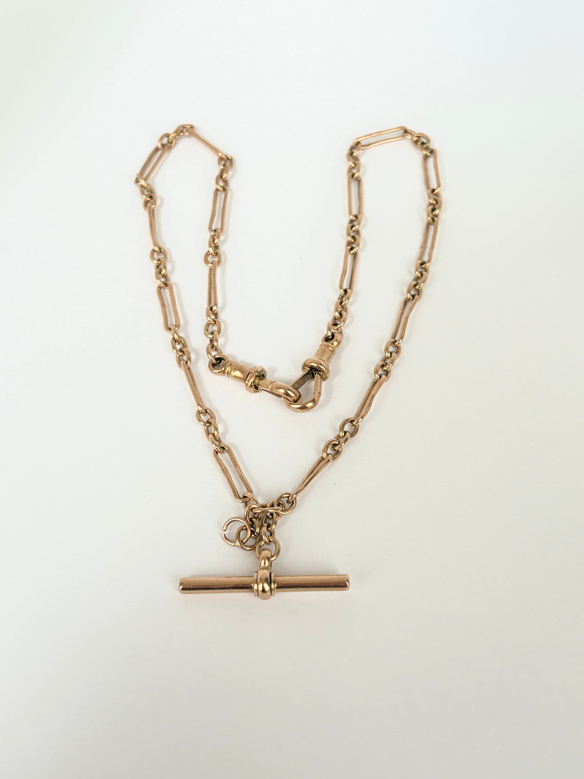 Antique, 9ct Gold paperclip watch chain with dog clip and T bar, 14.2 inches, 8.40g