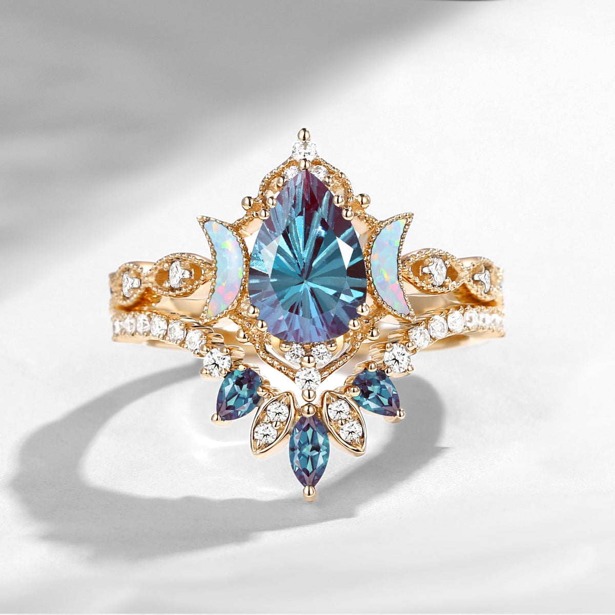 'Ultra Galaxy' - Firework Cut Pear Lab Alexandrite Engagement Ring Set