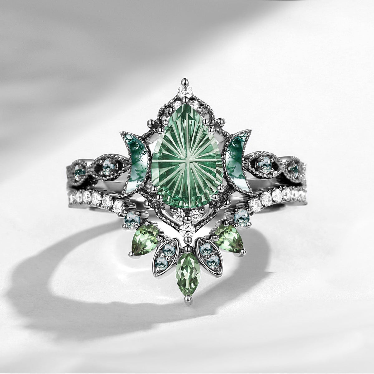 Crescent Moon | Fantasy Carved Pear Lab Green Sapphire 'Ultra Galaxy' Engagement Ring Set 2pcs