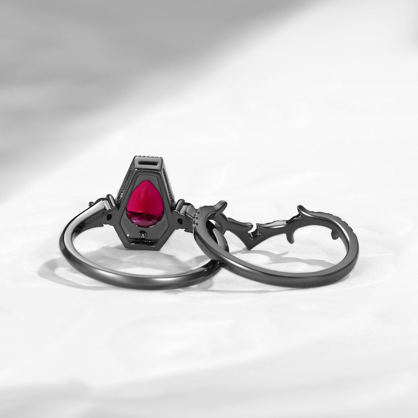 Gothic Pear Cut Garnet Vampire Fallen Aegis Engagement Ring Set 2pcs