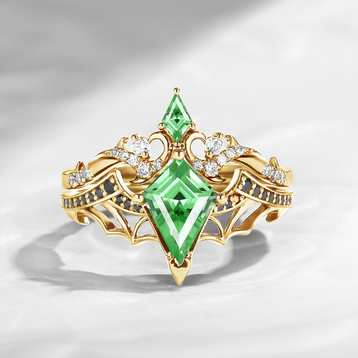 Gothic Style Unique Kite Cut Lab Tsavorite Bat Wing Inspired Thorns Engagement Ring Set 2pcs - Bat Ring