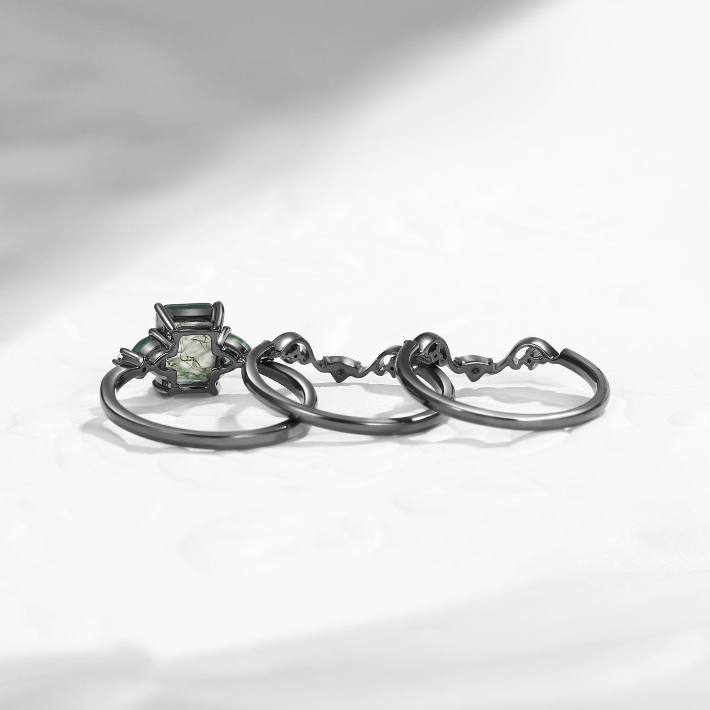 Nature Inspired Emerald Cut Moss Agate Gothic Engagement Ring Set 3pcs