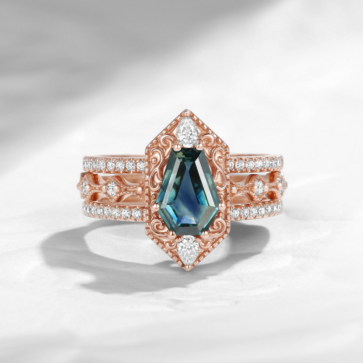 Fallen Aegis 'Vampire Shield' – Gothic Coffin Natural Teal Sapphire Engagement Ring Set with Vintage Filigree Engraving