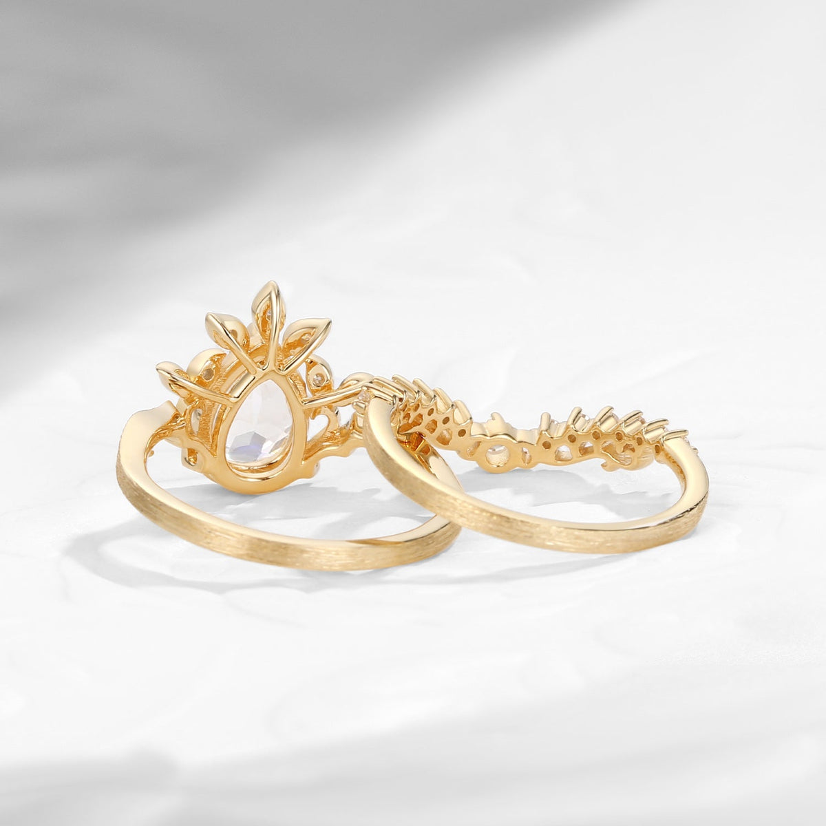 Nature Inspired Vintage Pear Shaped Moonstone Garden Ring Set 2pcs