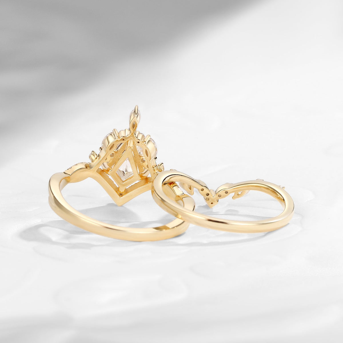Kite Cut Moissanite Nature Inspired Cluster Engagement Ring Set 2pcs