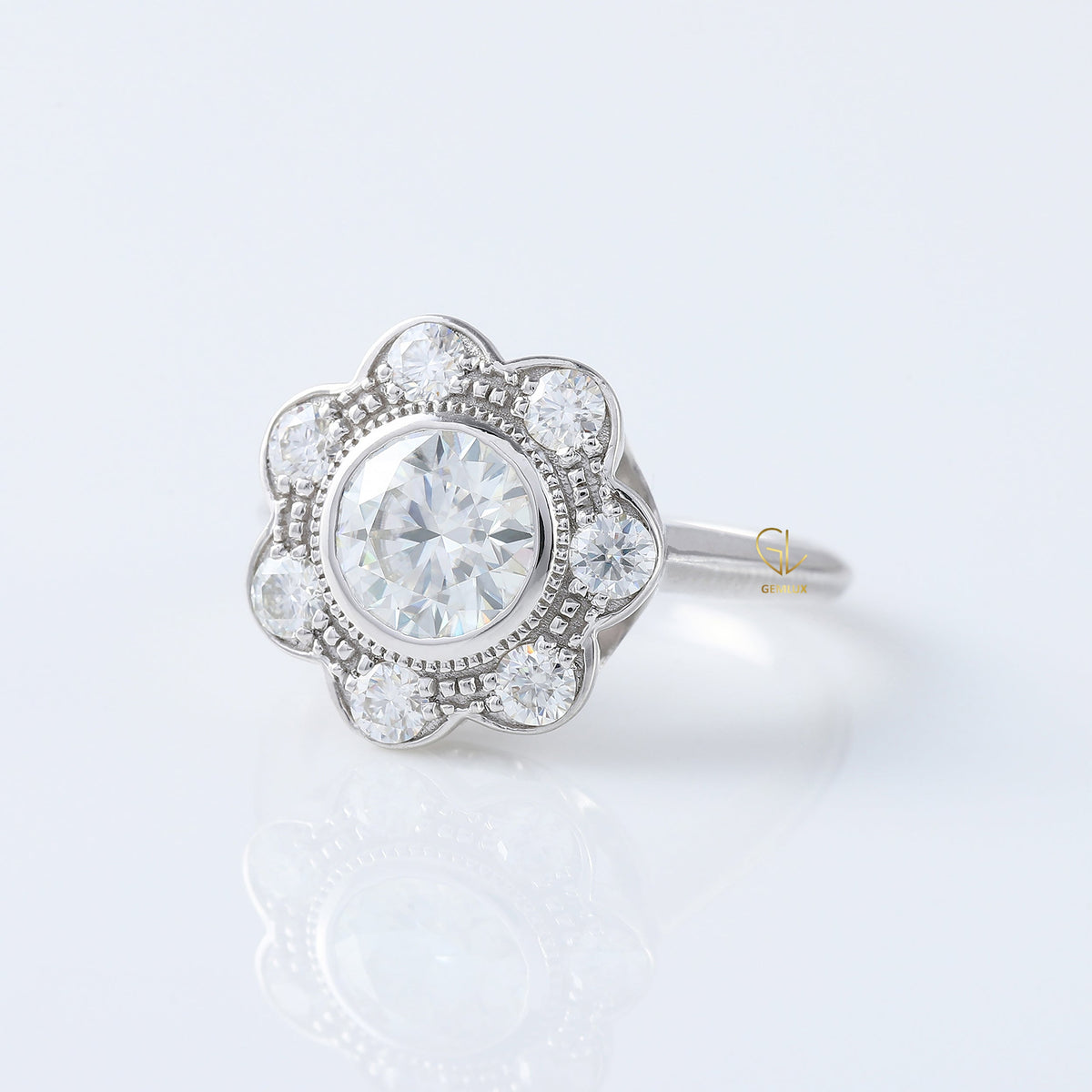 Hearts and Arrows Round Lab Grown Diamond Bezel Set Vintage Engagement Ring