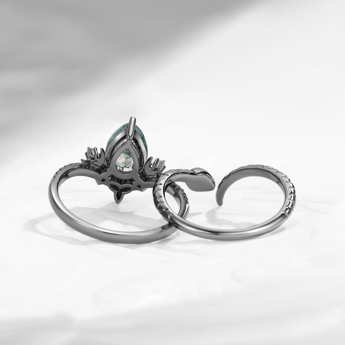 Celtic Moon | Pear Cut Moss Agate Gothic Inspired Snake Engagement Ring Set 2pcs