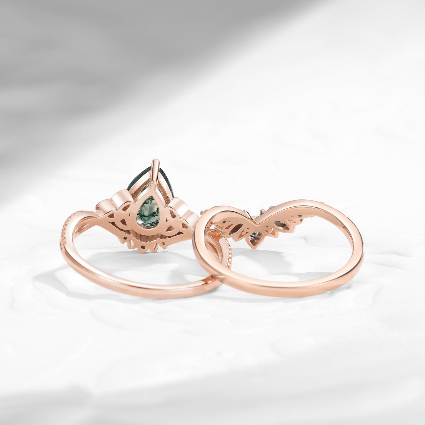 Celtic Moon 'Celestial Moon' - Pear Cut Moss Agate Celtic Engagement Ring Set