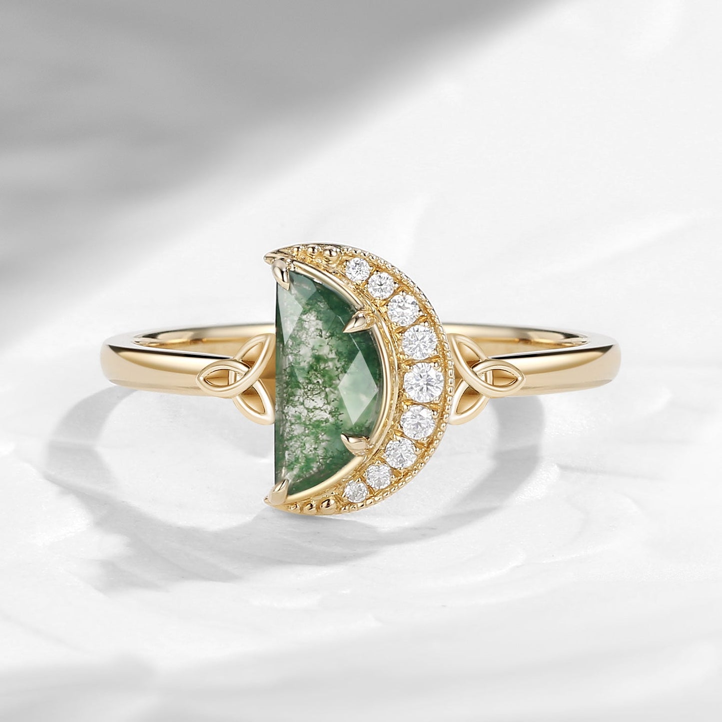 Celtic Moon - Moon Shaped Moss Agate Half Moon Celtic Engagement Ring