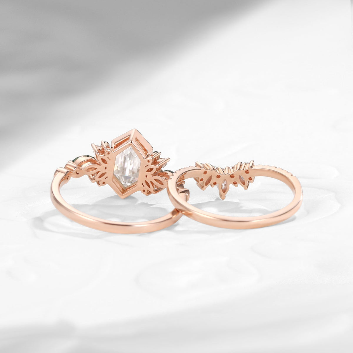 Nature Inspired Long Hexagon Bezel Moissanite Butterfly Engagement Ring 2pcs