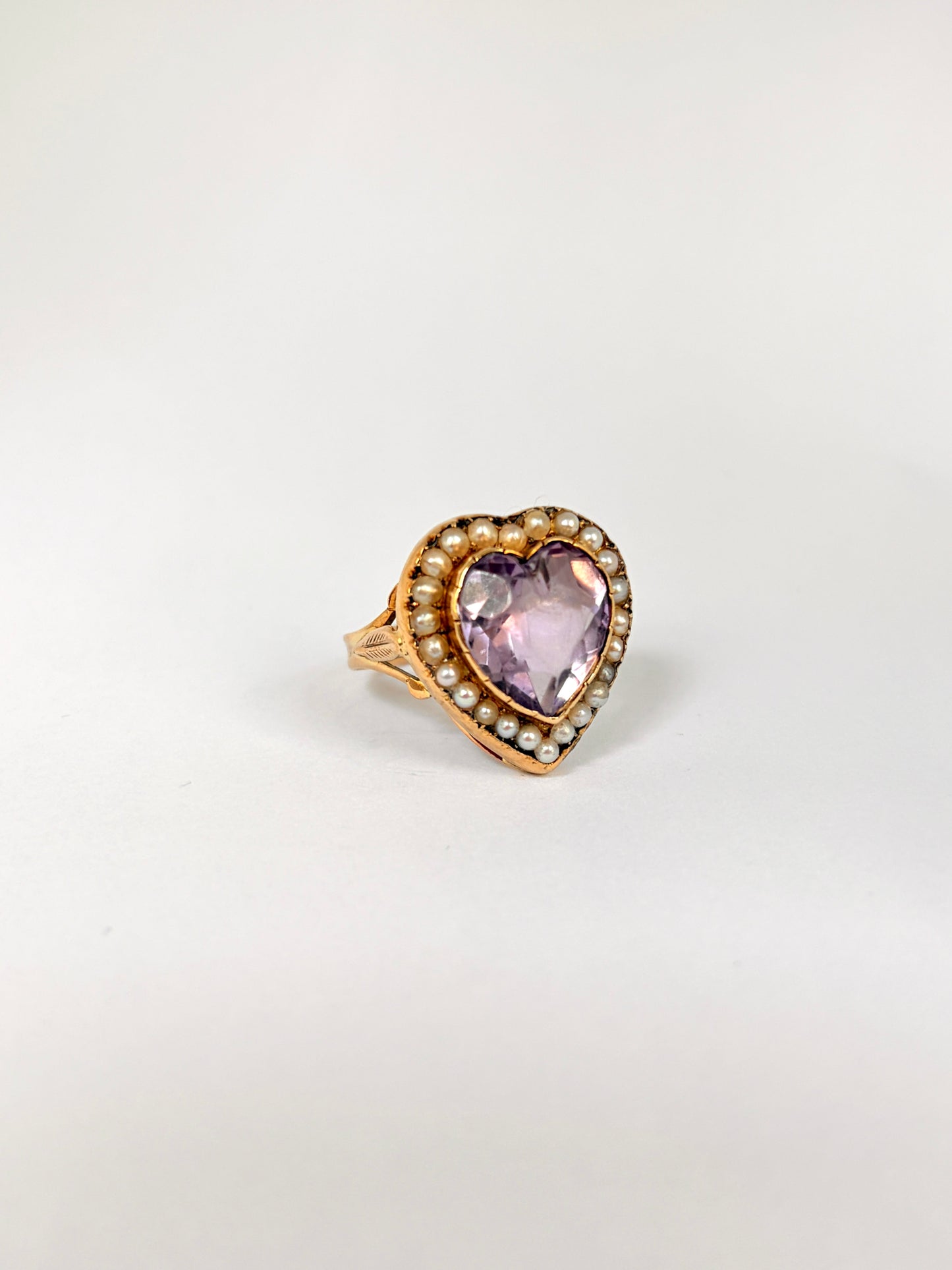 Large, Vintage 15ct Gold Amethyst Heart Ring with Seed Pearls