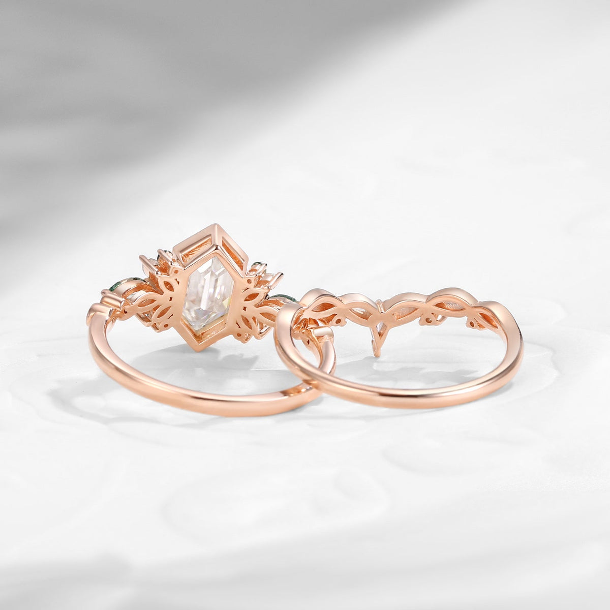 Nature Inspired Long Hexagon Moissanite Butterfly Cluster Engagement Ring Set