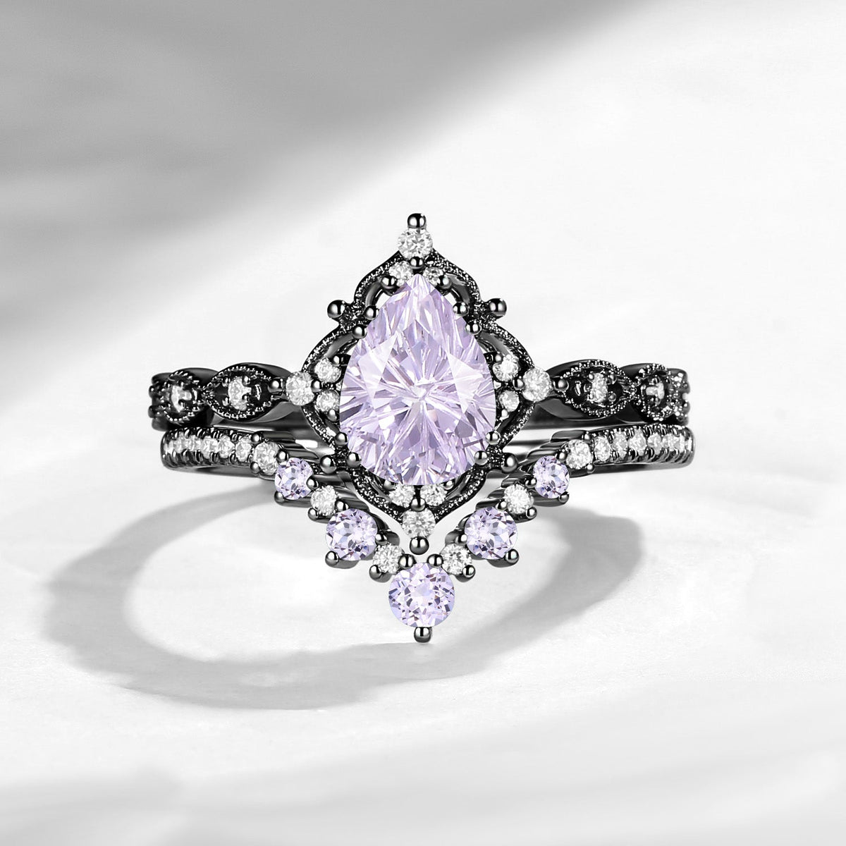 Antique Firework Cut Pear Lab Lavender Sapphire Engagement Ring 2pcs