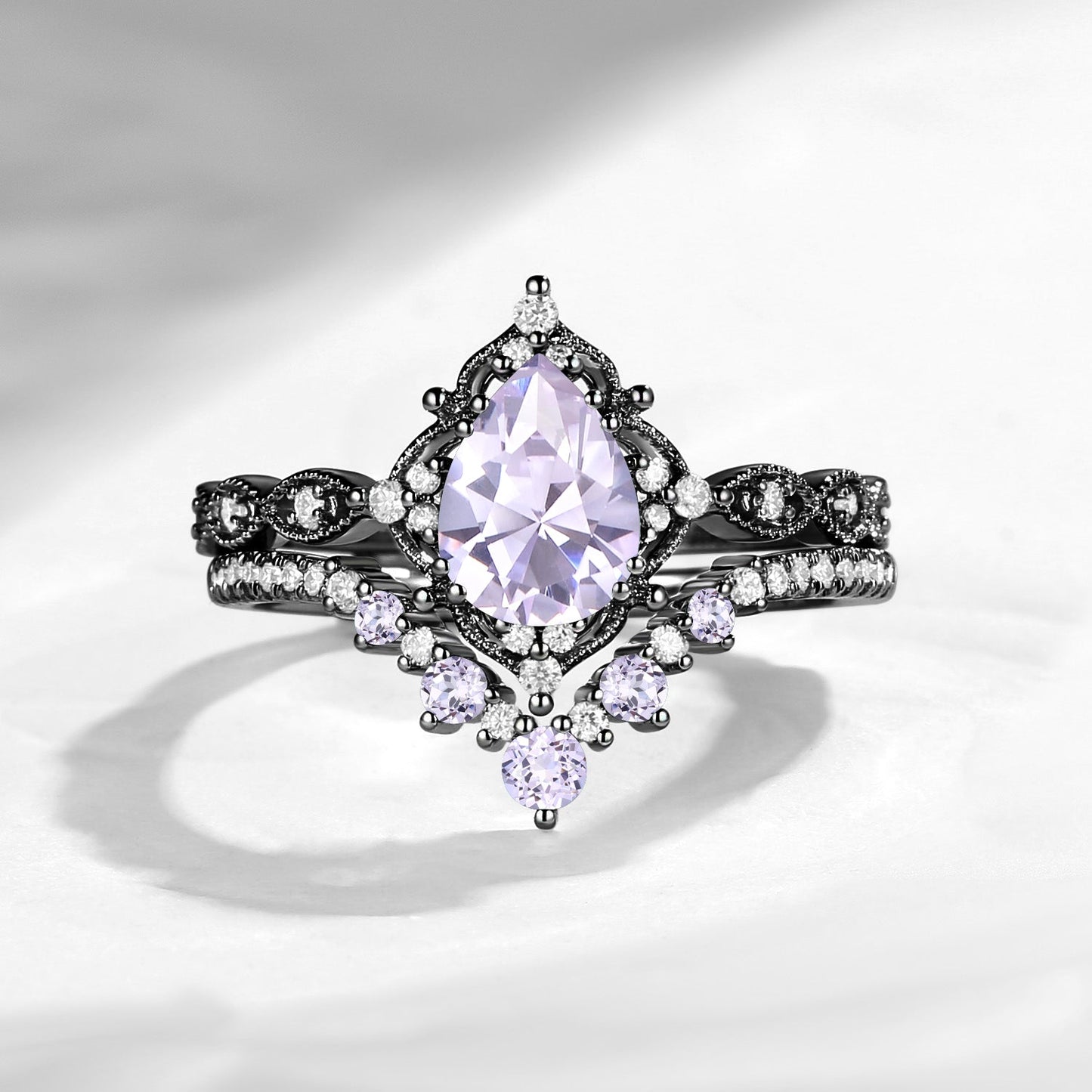 Antique Pear Cut Lab Lavender Sapphire Engagement Ring 2pcs