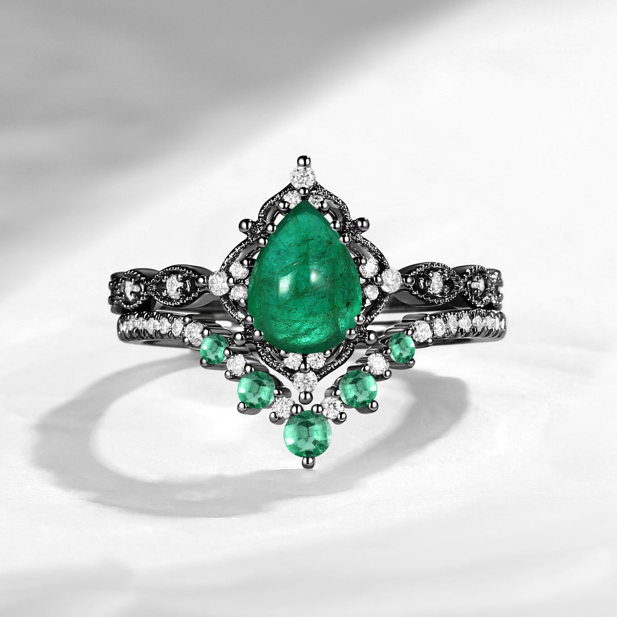 Antique Pear Cut Natural Emerald Engagement Ring 2pcs