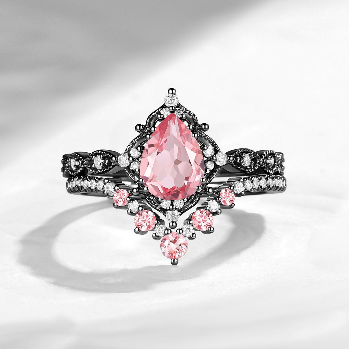 Antique Pear Cut Lab Pink Sapphire Engagement Ring 2pcs