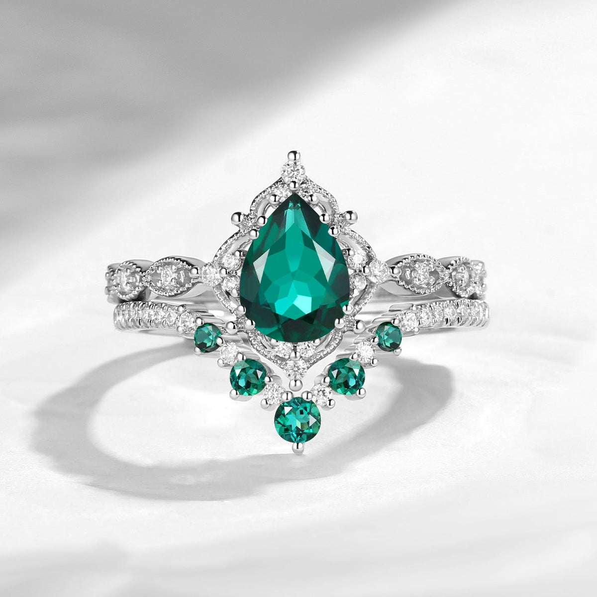 Antique Pear Cut Lab Emerald Engagement Ring 2pcs