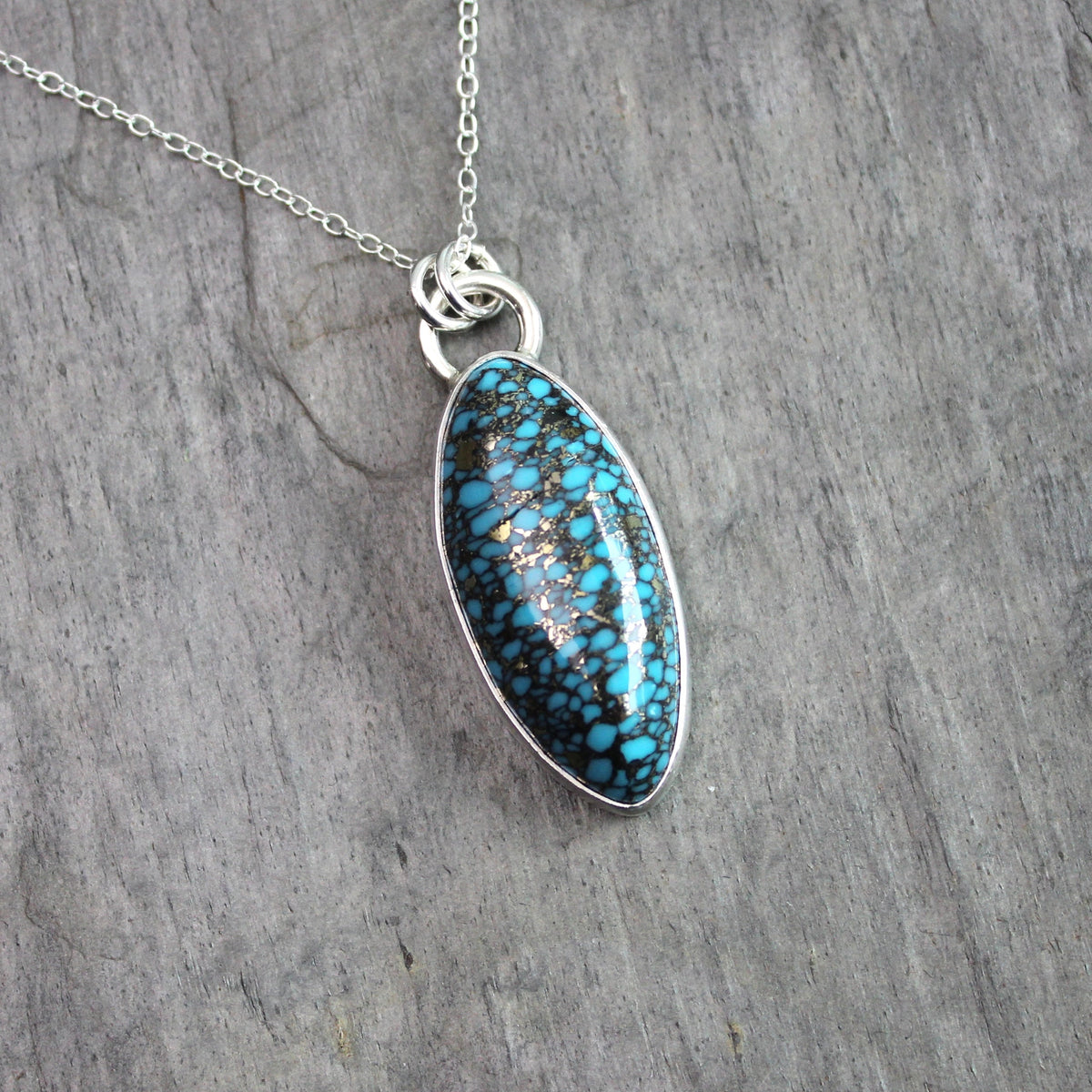 Spider Web Turquoise with Pyrite Pendant Necklace | Sterling Silver | Handmade Artisan Jewelry