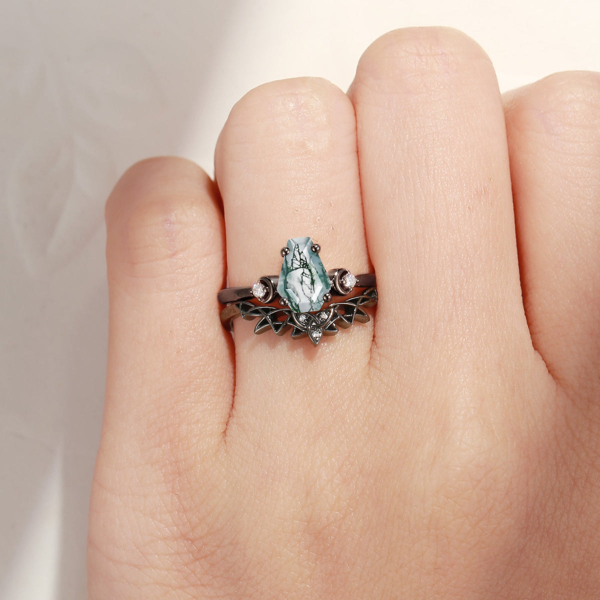 Celtic Moon - Fancy Coffin Cut Moss Agate Celtic Engagement Ring Set