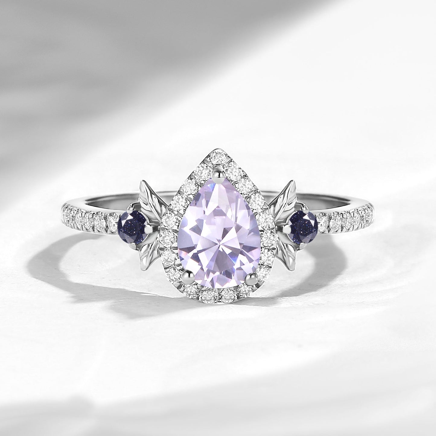 Nature Inspired Pear Shaped Lab Lavender Sapphire 'Thorns & Roses' Halo Leaf Engagement Ring