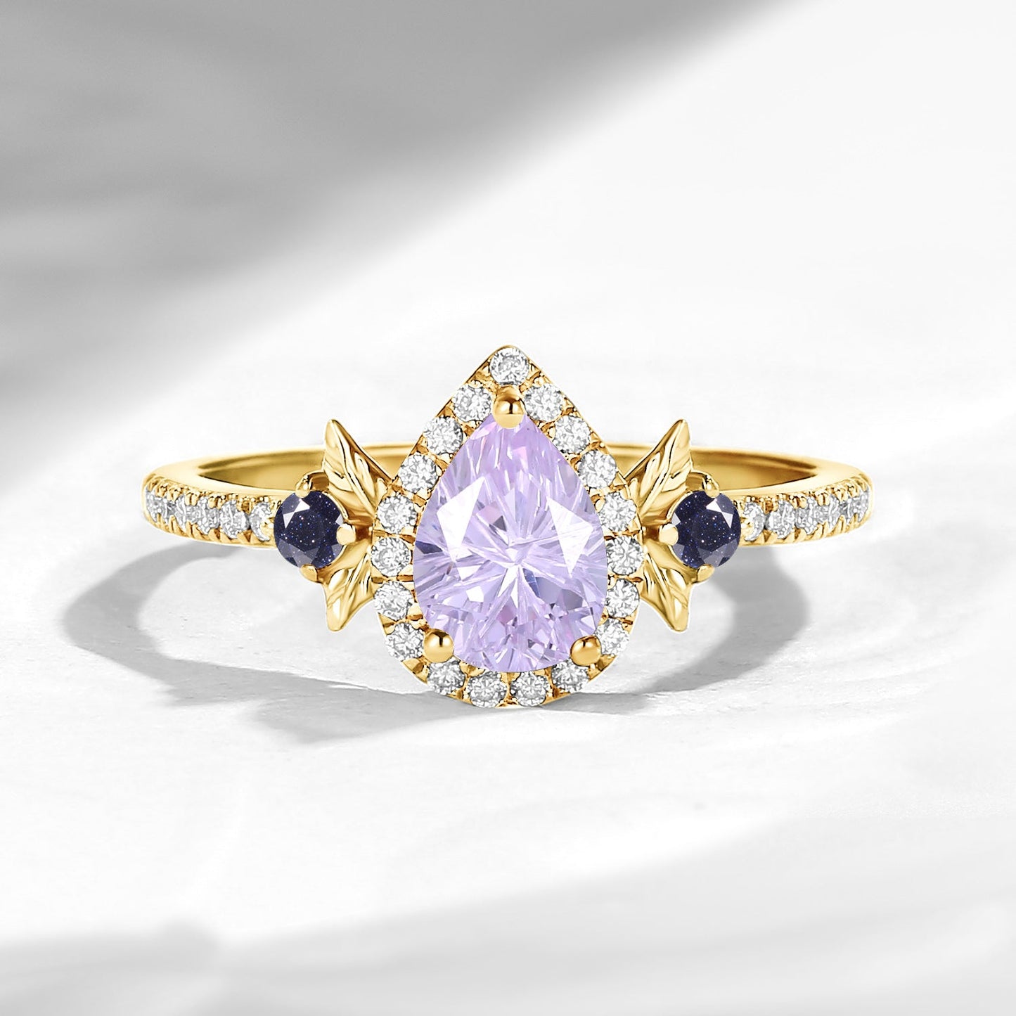 Nature Inspired Firework Cut Pear Lab Lavender Sapphire 'Thorns & Roses' Halo Leaf Engagement Ring