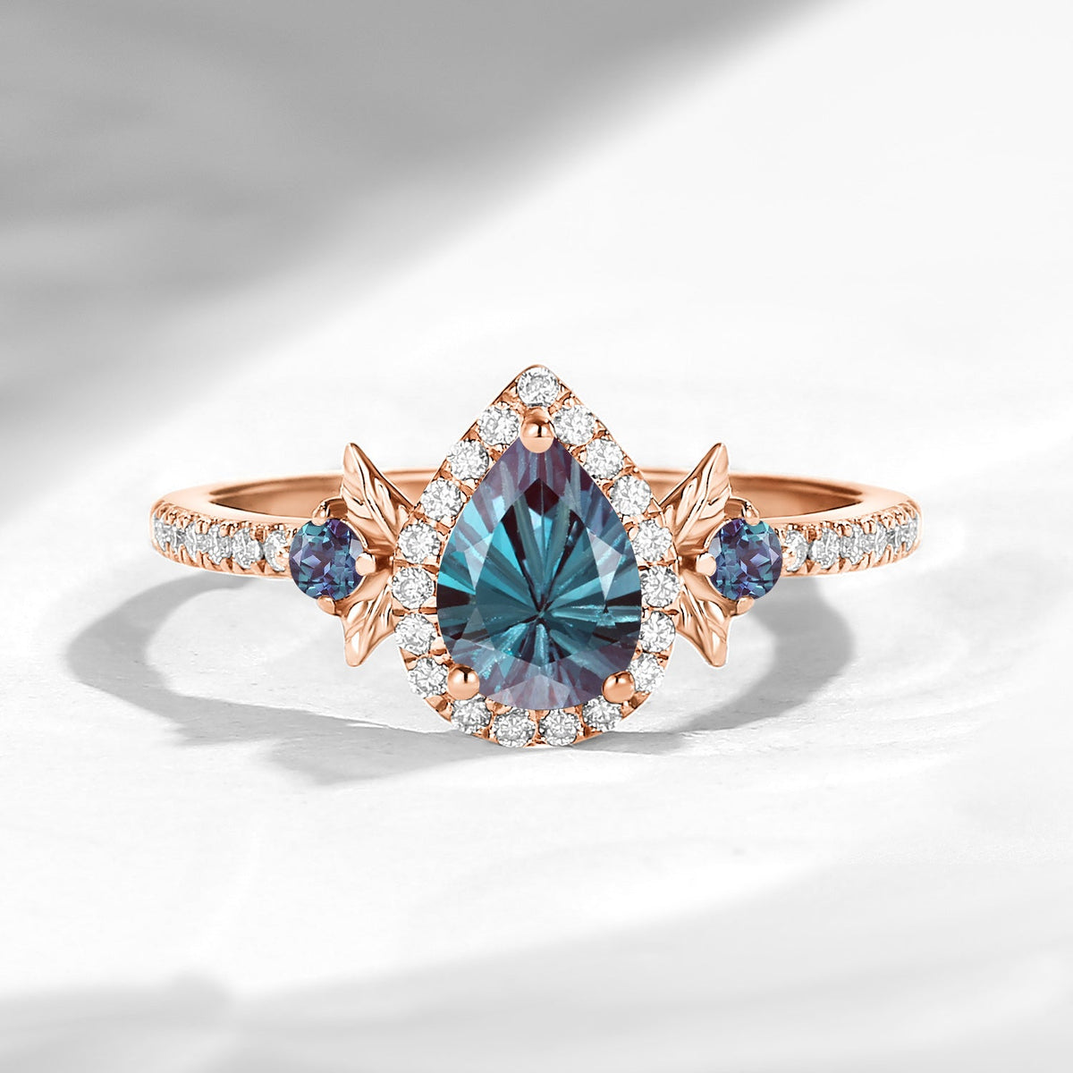 Nature Inspired Firework Cut Pear Shaped Lab Alexandrite 'Thorns & Roses' Halo Leaf Engagement Ring