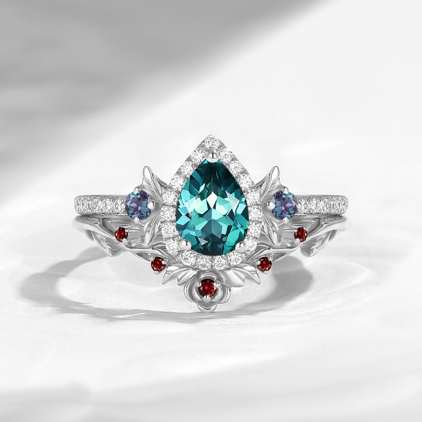Nature Inspired Pear Cut Lab Teal Sapphire Halo Engagement Ring Set 2pcs - 'Thorns & Roses'