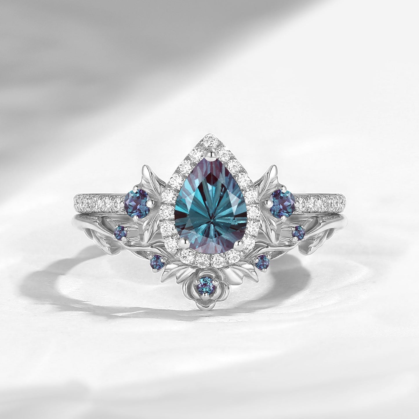 Nature Inspired Firework Cut Pear Shaped Lab Alexandrite 'Thorns & Roses' Gothic Halo Engagement Ring Set 2pcs