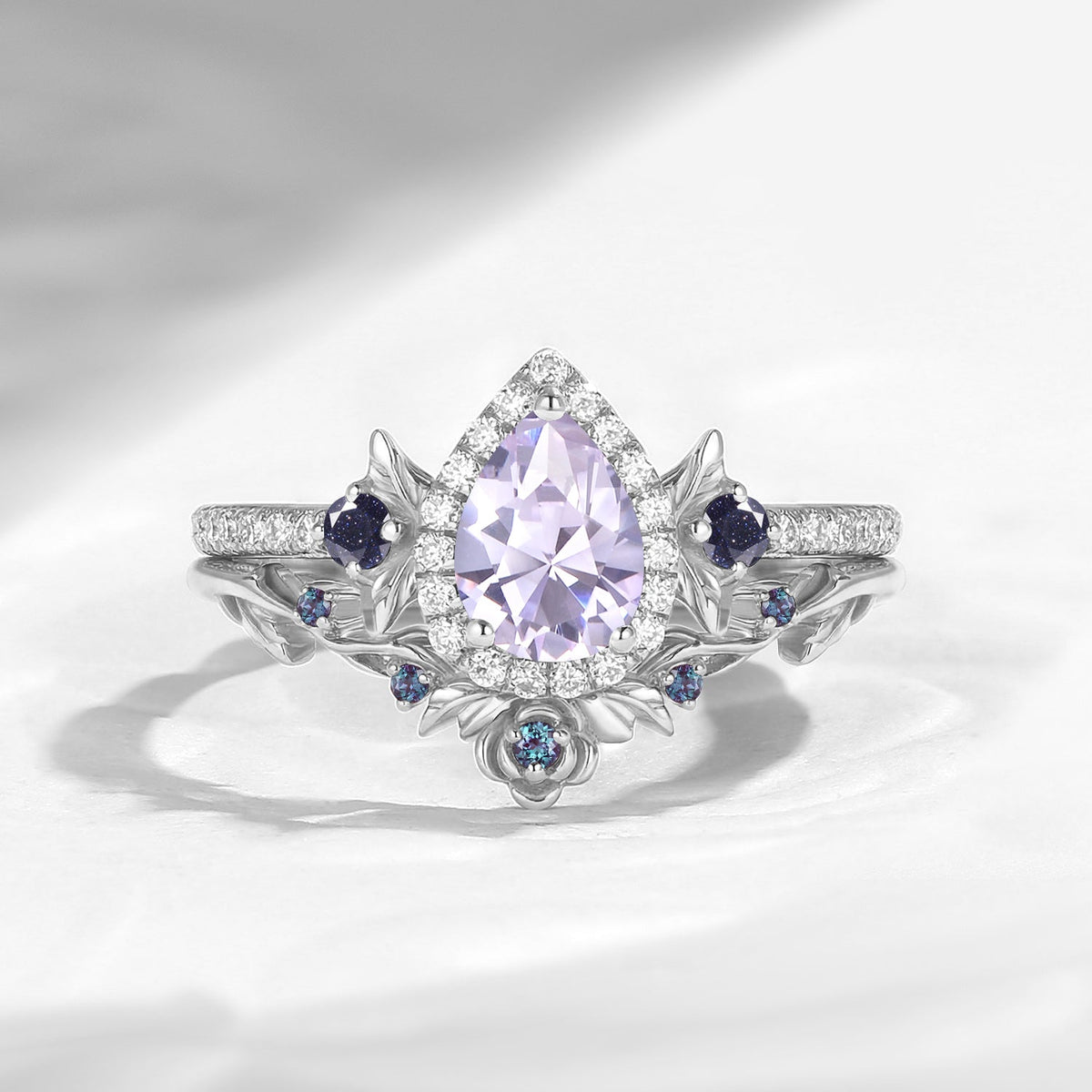 Nature Inspired Pear Cut Lab Lavender Sapphire Halo Engagement Ring Set 2pcs - 'Thorns & Roses'