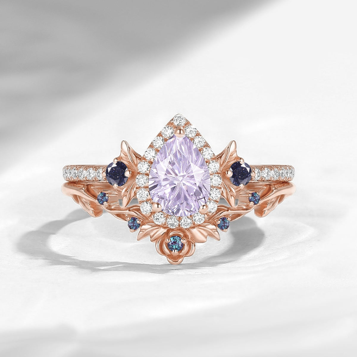 Thorns & Roses - Nature Inspired Firework Cut Pear Lab Lavender Sapphire Halo Engagement Ring Set