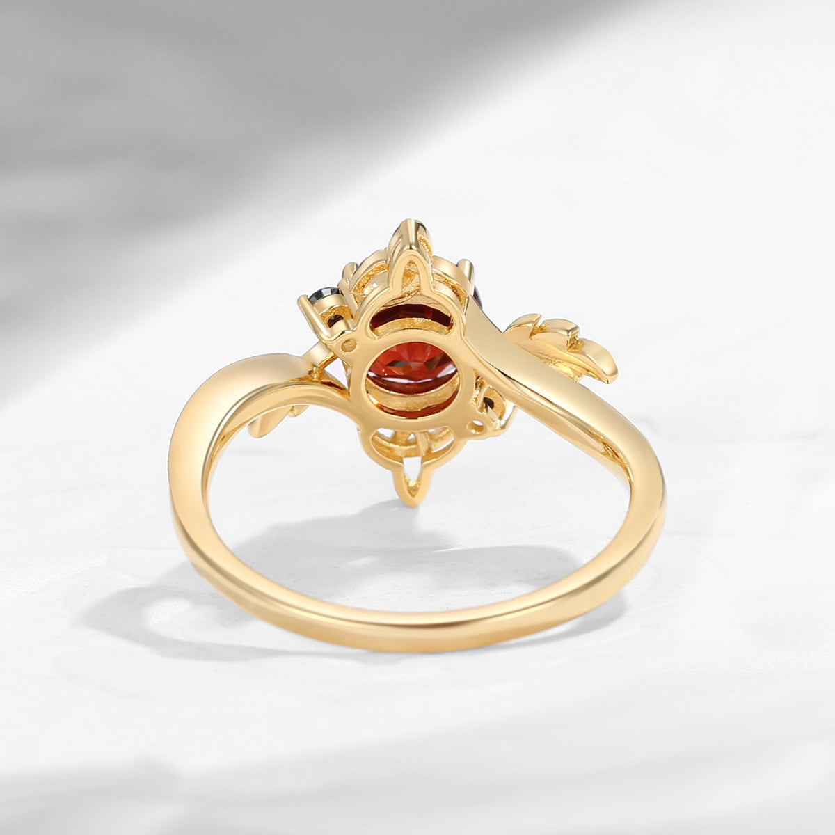 Celtic Calendar | 12.24-1.20 | Round Cut Garnet Nature Inspired Birch Leafy Celtic Ring