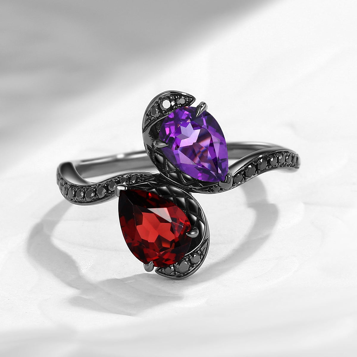 Toi et Moi 'Twin Flames' - Gothic Pear Cut Garnet & Amethyst Serpent's Embrace Engagement Ring