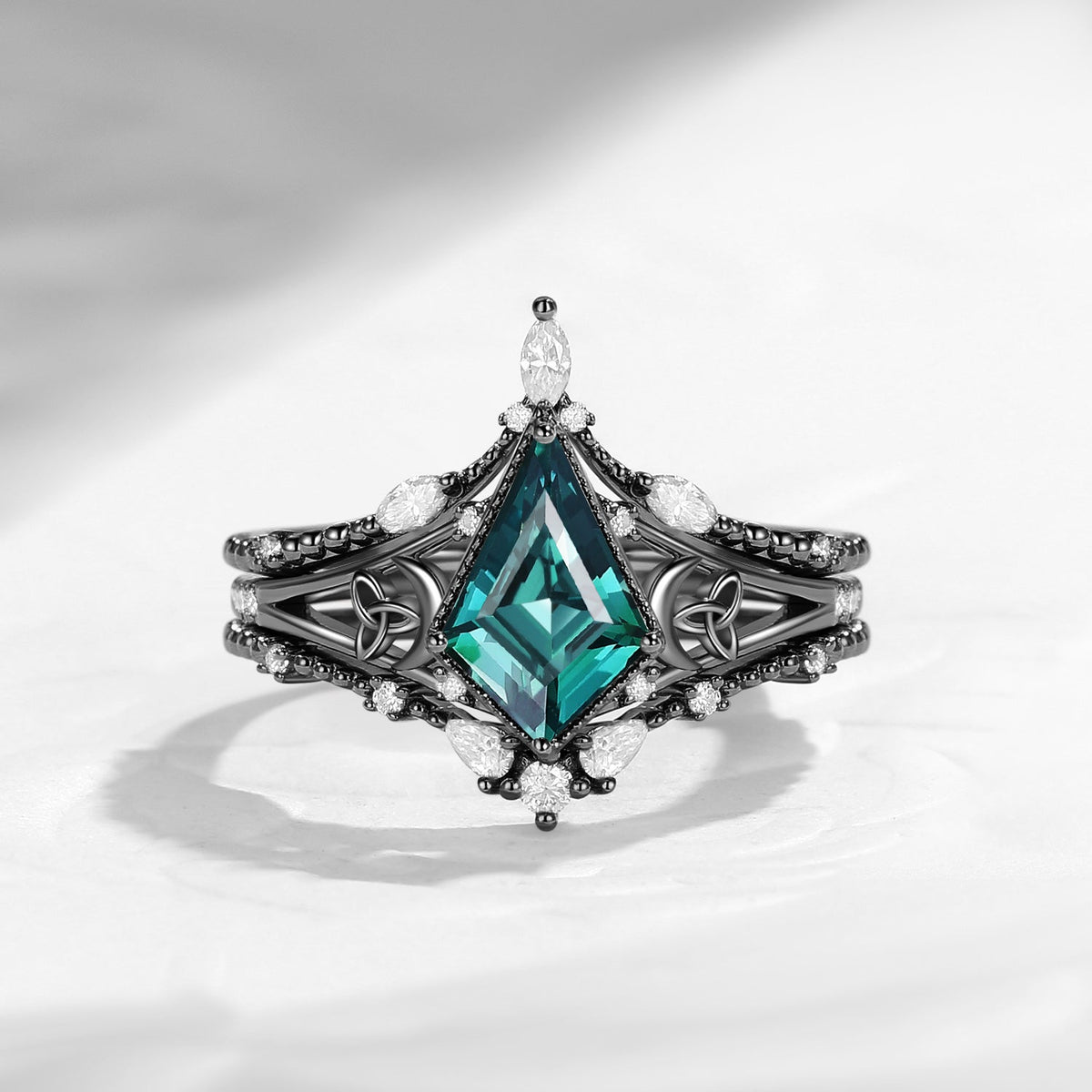 Celtic Moon 'Celestial Moon' - Kite Cut Lab Teal Sapphire Split Band Engagement Ring Set