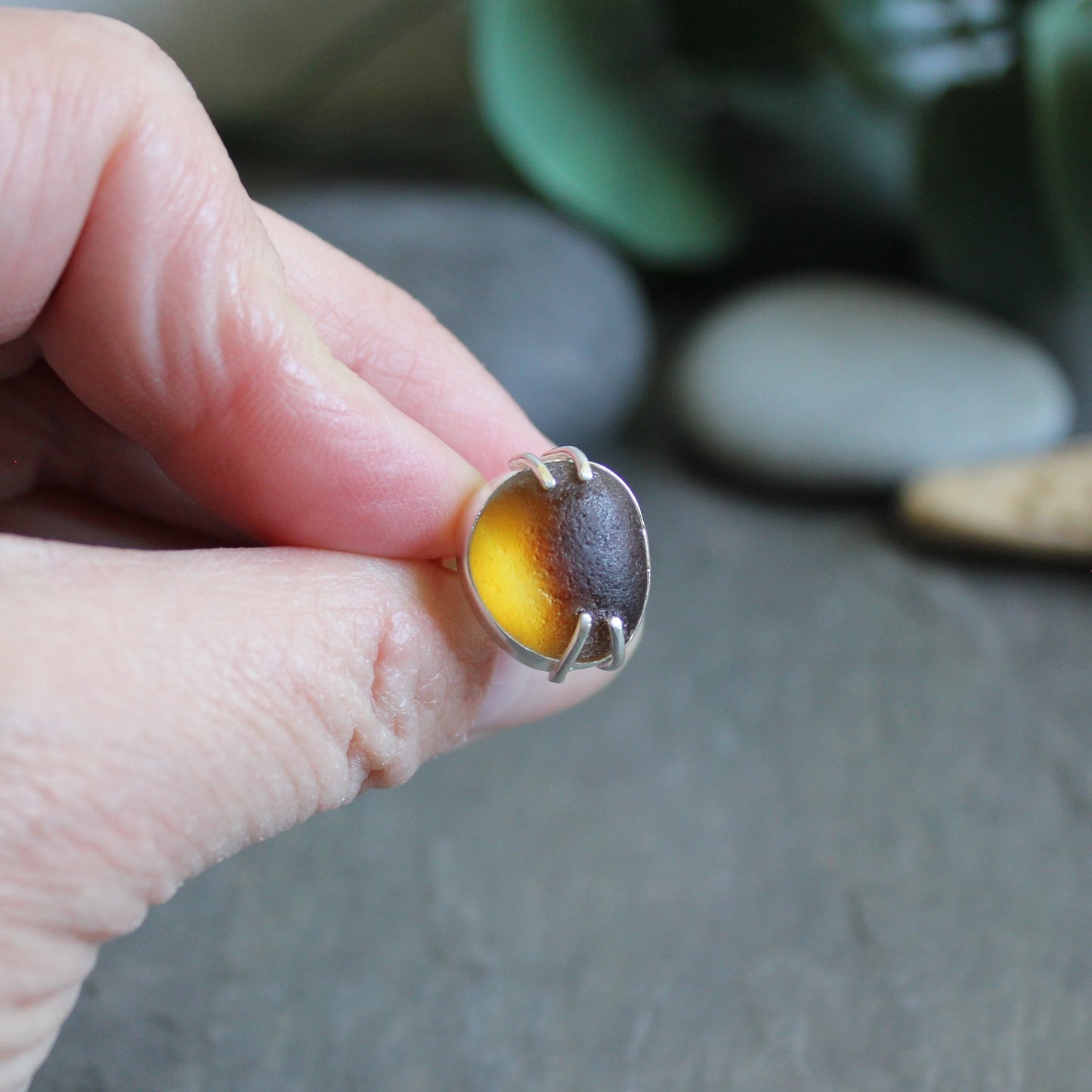 Funky Amber Brown Sea Glass Ring | Handmade | Sterling Silver | Size 6 1/4