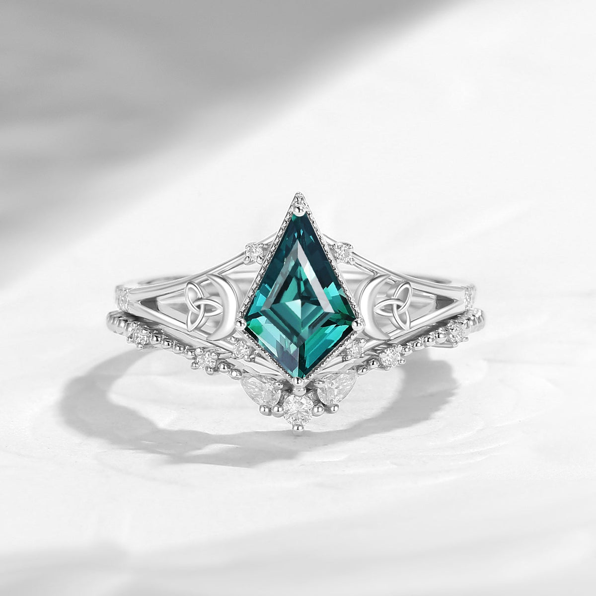 Celtic Moon 'Celestial Moon' - Kite Cut Lab Teal Sapphire Split Band Engagement Ring Set