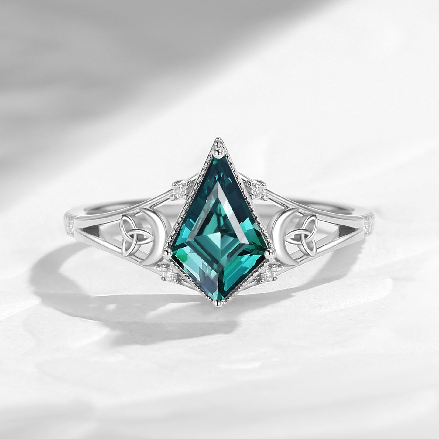 Celtic Moon 'Celestial Moon' - Kite Cut Lab Teal Sapphire Split Band Engagement Ring