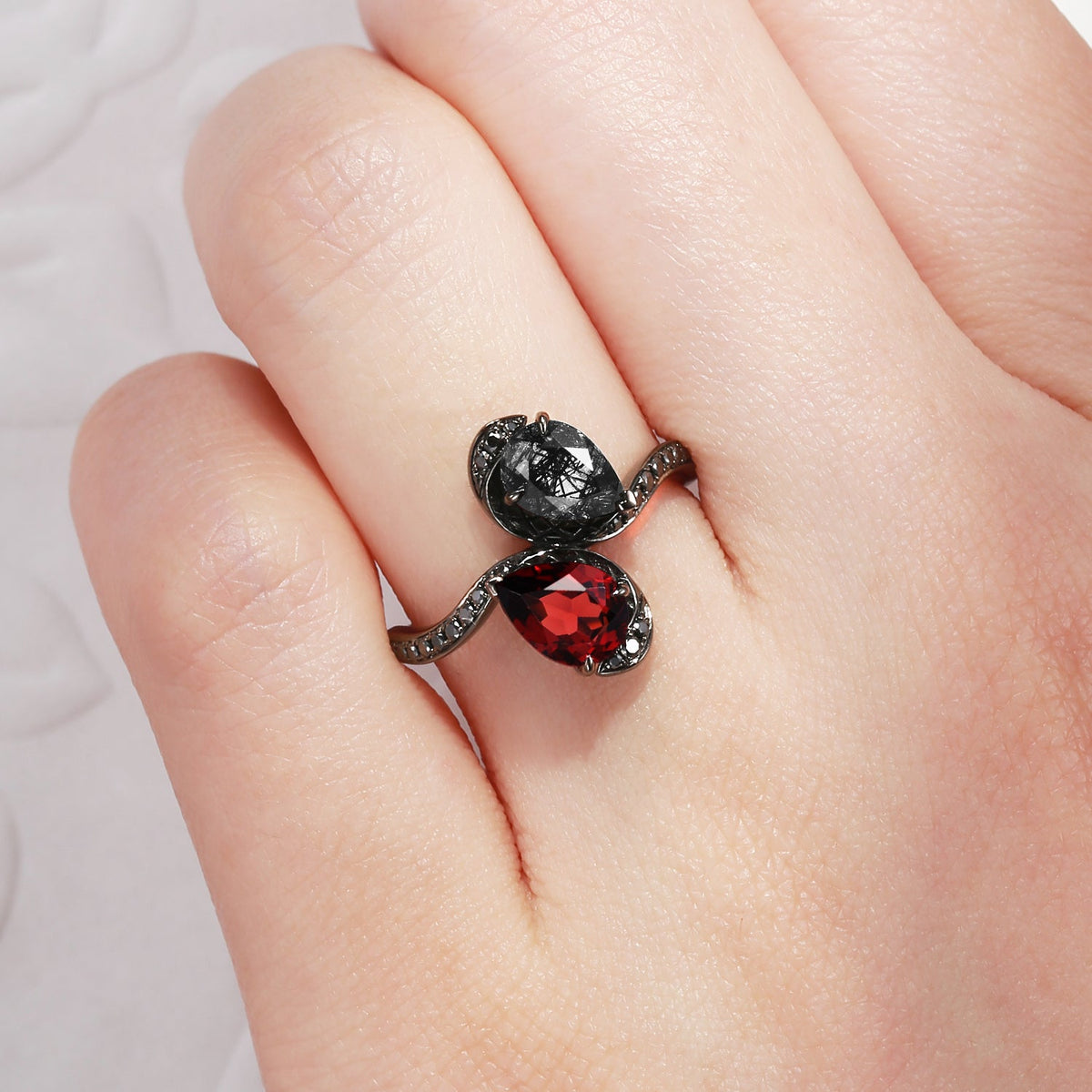 Toi et Moi 'Twin Flames' - Gothic Pear Cut Garnet & Black Rutilated Quartz Serpent's Embrace Engagement Ring